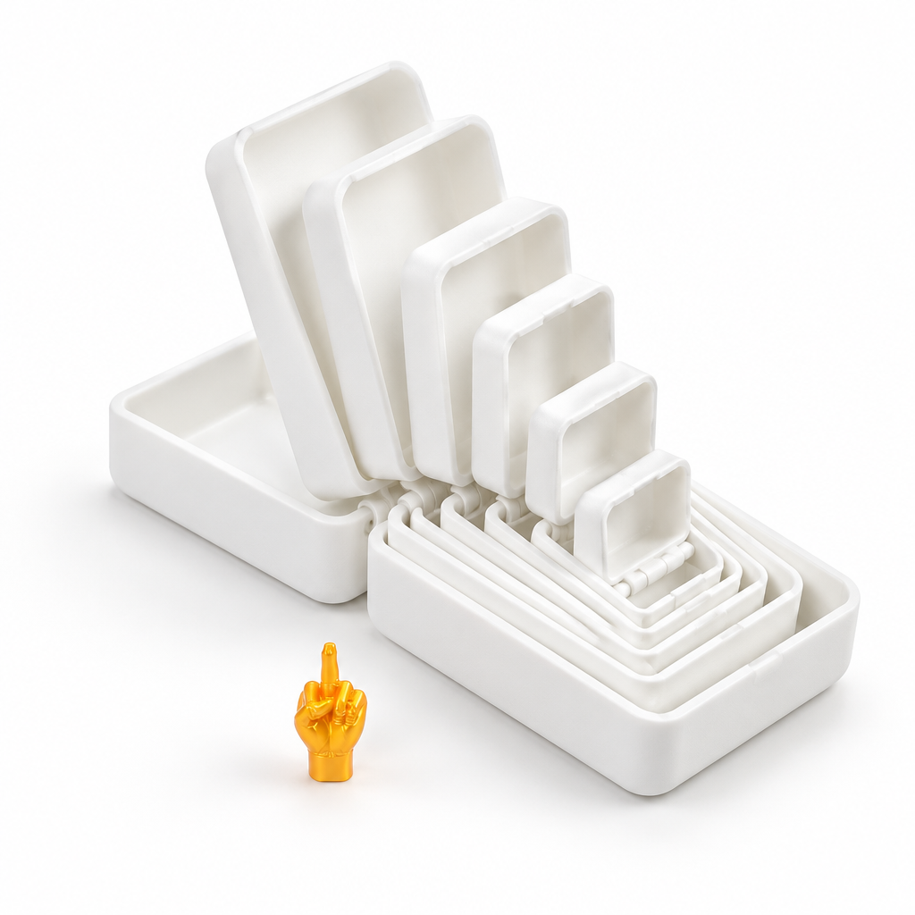 Merry Flipmas white six-layer prank gift box with its tiny middle-finger hand