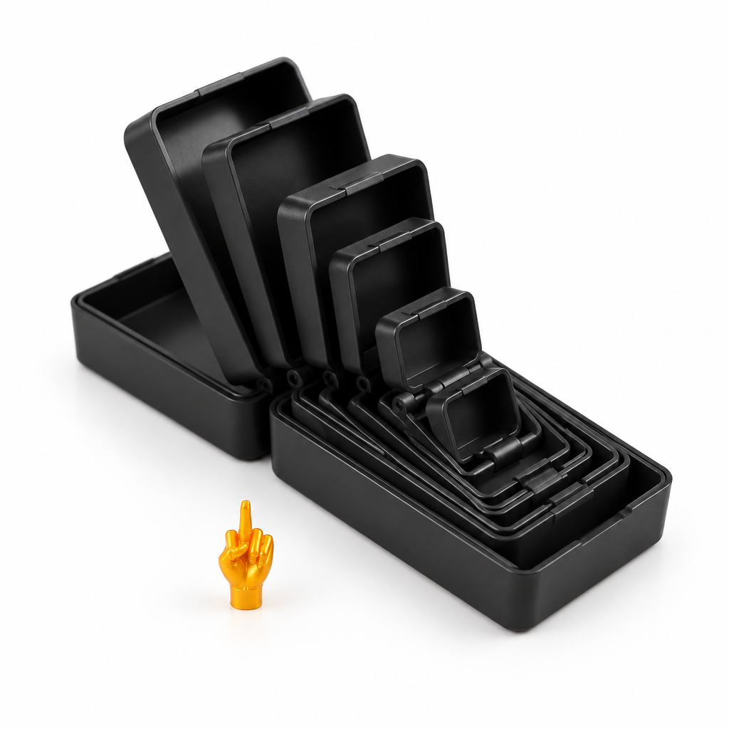 Merry Flipmas black six-layer prank gift box with its tiny middle-finger hand
