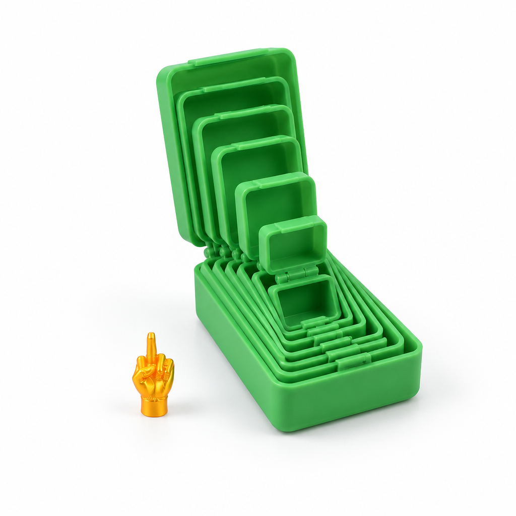 Merry Flipmas green six-layer prank gift box with its tiny middle-finger hand