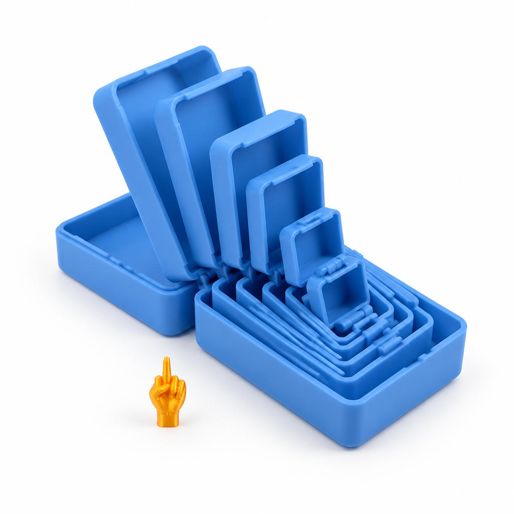 Merry Flipmas blue six-layer prank gift box with its tiny middle-finger hand