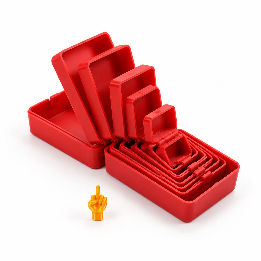 Merry Flipmas red six-layer prank gift box with its tiny middle-finger hand