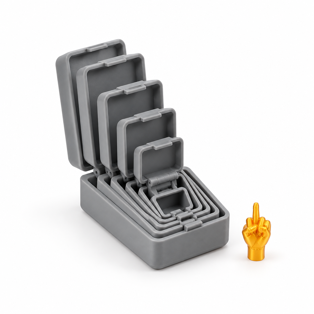 Merry Flipmas grey six-layer prank gift box with its tiny middle-finger hand